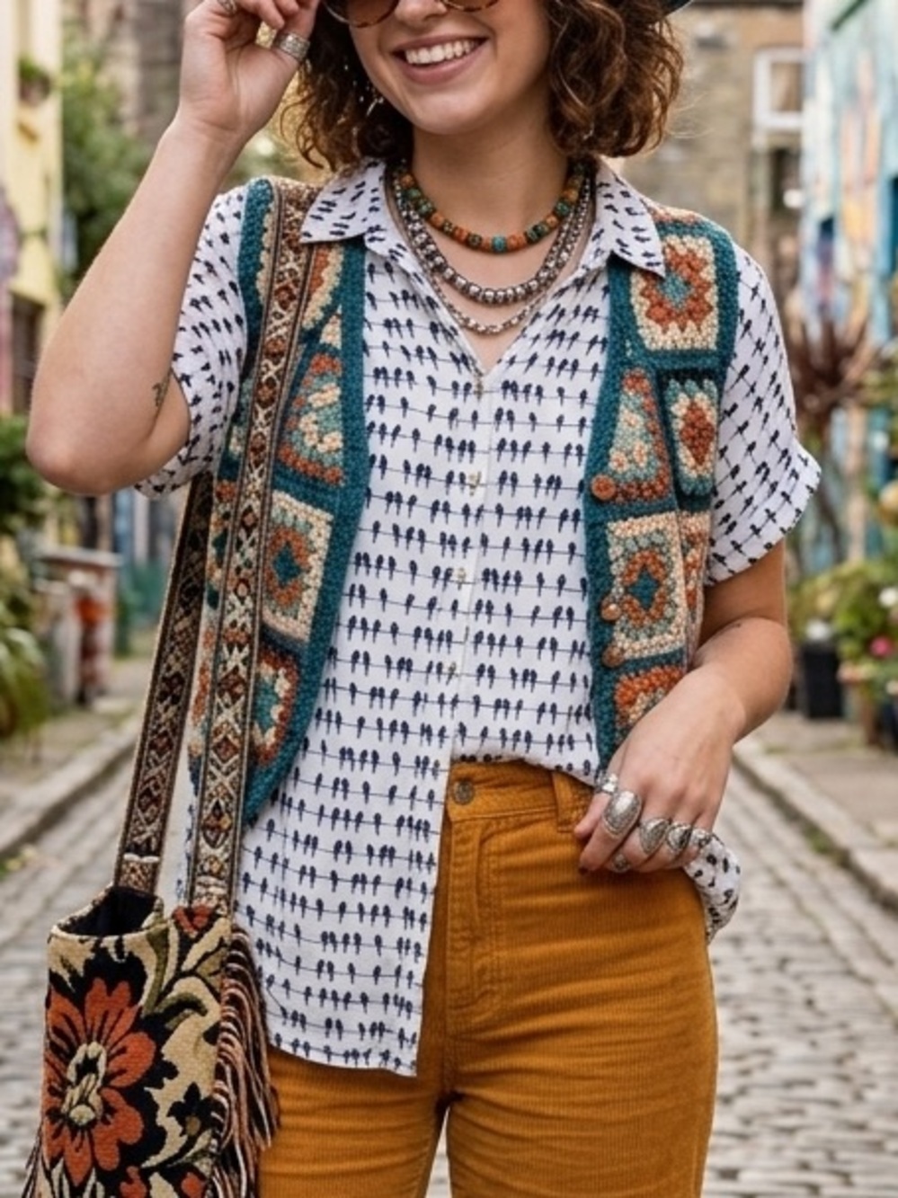 Jane & Delancey Birds on a Wire Button Down Shirt White & Navy Eclectic Boho EUC